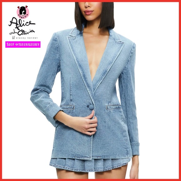 Alice + Olivia Justine Denim Rolled Cuff Blazer Jacket - Picture 5 of 16